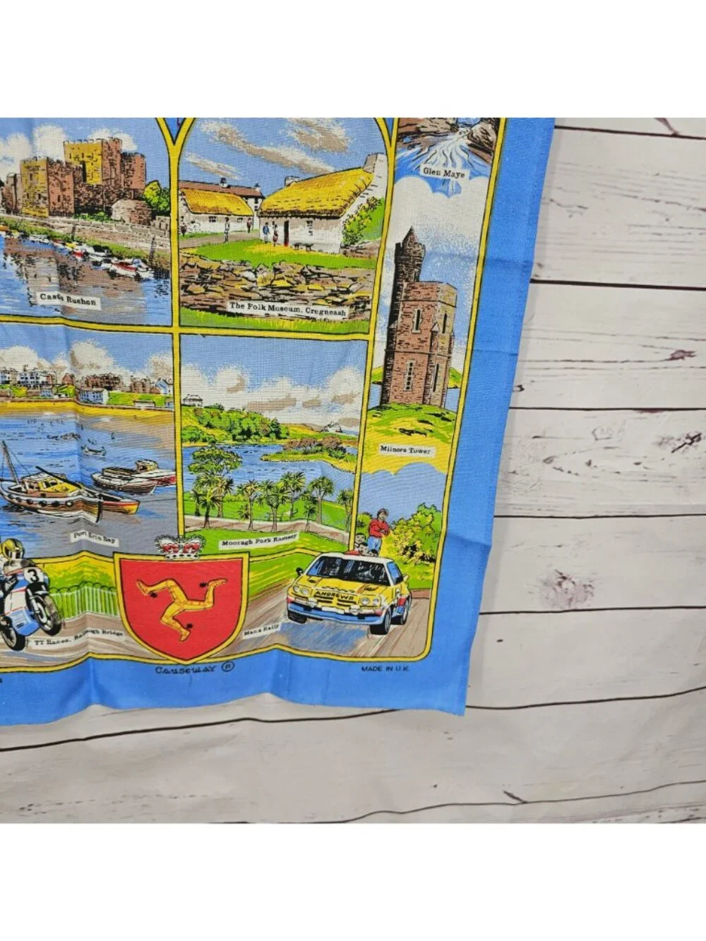 Vintage Isle Of Man Souvenir Tea Towel Featuring Landmarks Laxey Wheel Castle Ru